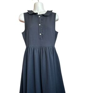 Tahari Ruffle Pearl Button Sleeveless Navy Blue Dress